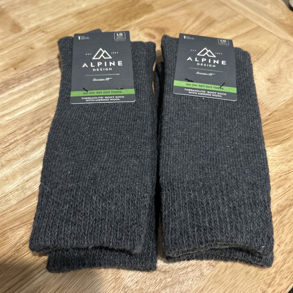 Alpine Design Thermolite Wool Crew Mens Socks Large Gray Moisture Wicking 2 Pair